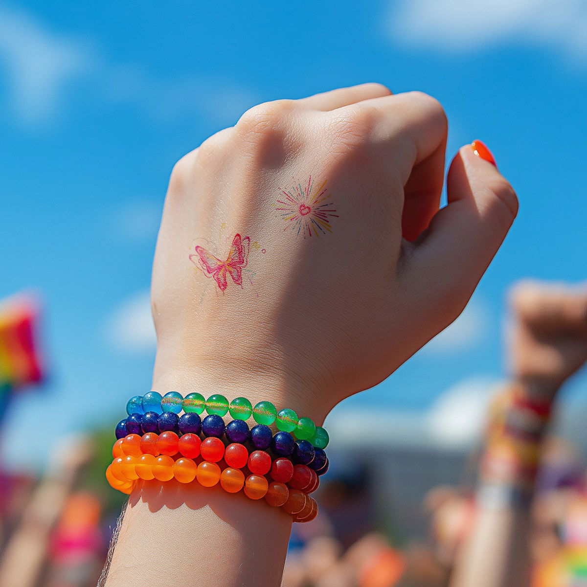 A close-up of a girl's hand wearing a multi-color bracelet and tattoos showing a pink butterfly and a coloful firework with a heart inside, in a music fetival background - Wide Awake NYC