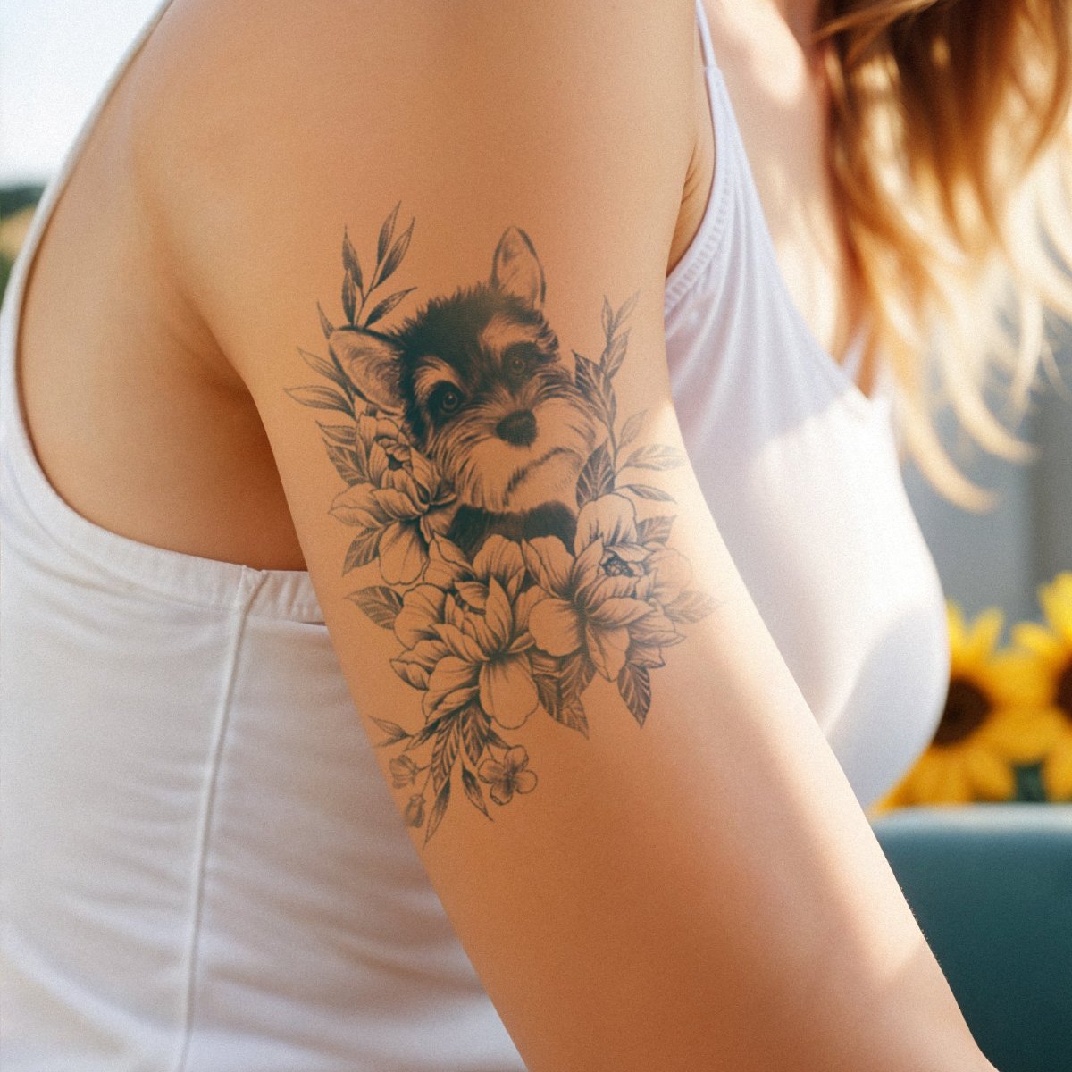 A tattoo of a dog nestled in flowers on a person's upper arm. - Wide Awake NYC inc. -