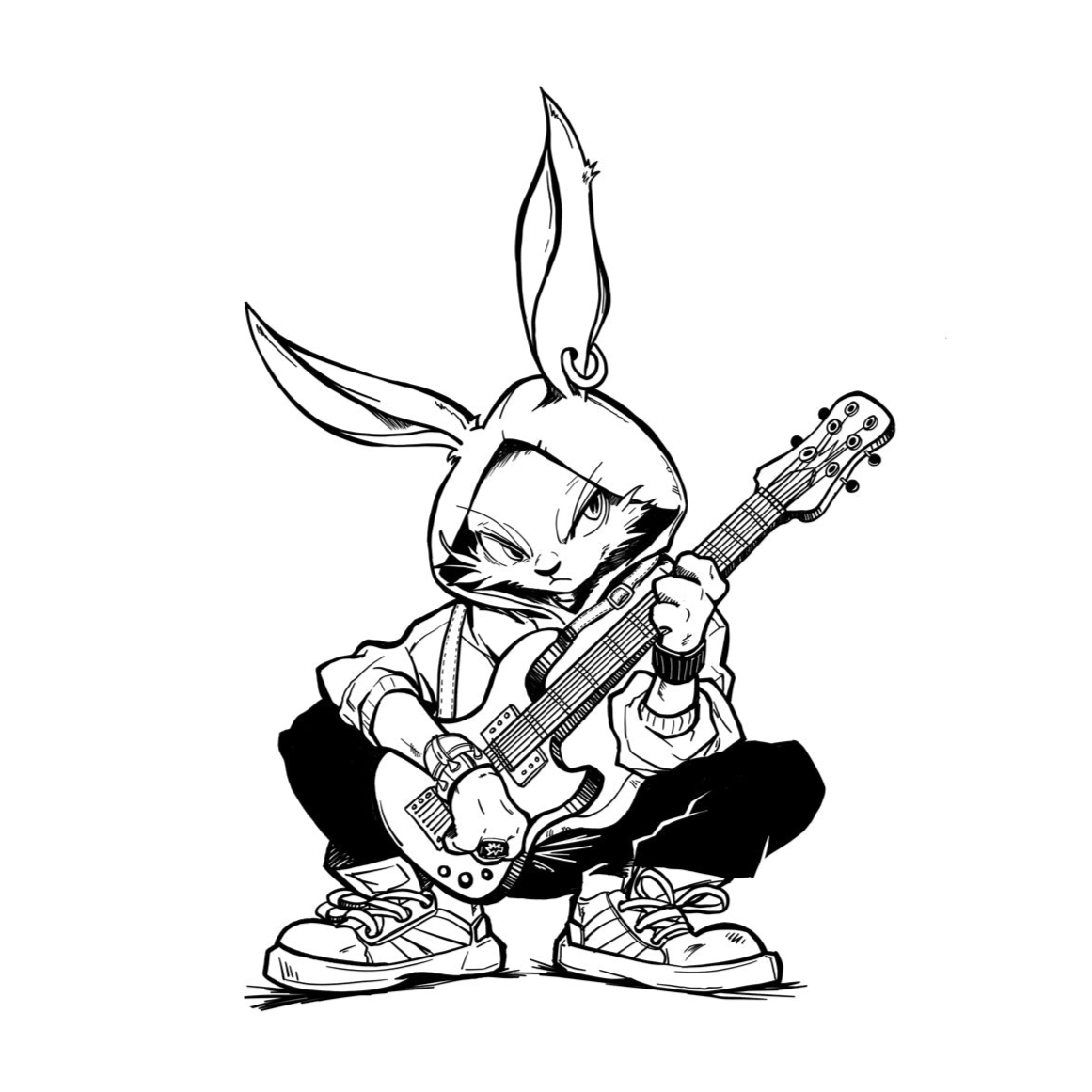 Cartoon-style tattoo of a street style punk bunny character wearing a hoodie and sneakers, playing an electric guitar. The bunny is standing with legs apart, a determined expression on its face, and large ears pointing upwards. Perfect for any music lover's collection. Background is plain white.