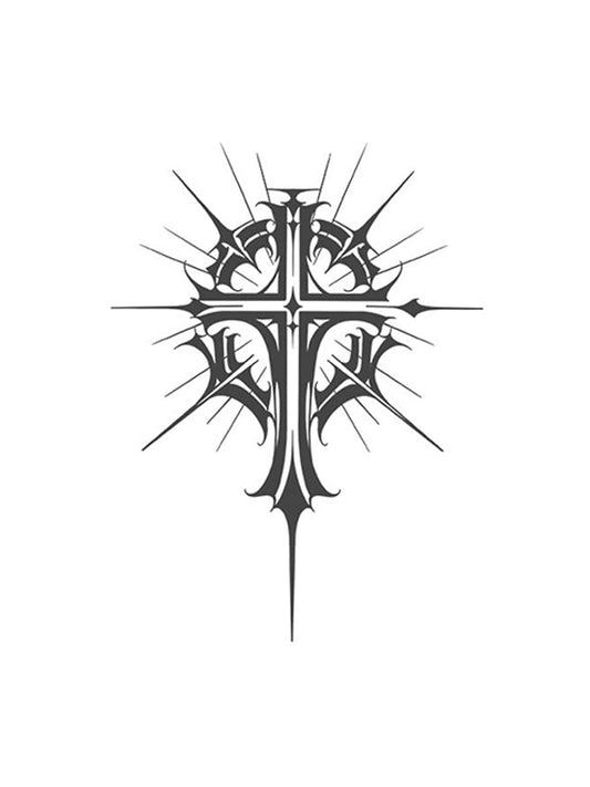 A black and white tribal-style cross design with spiked halo around it - Wide Awake NYC