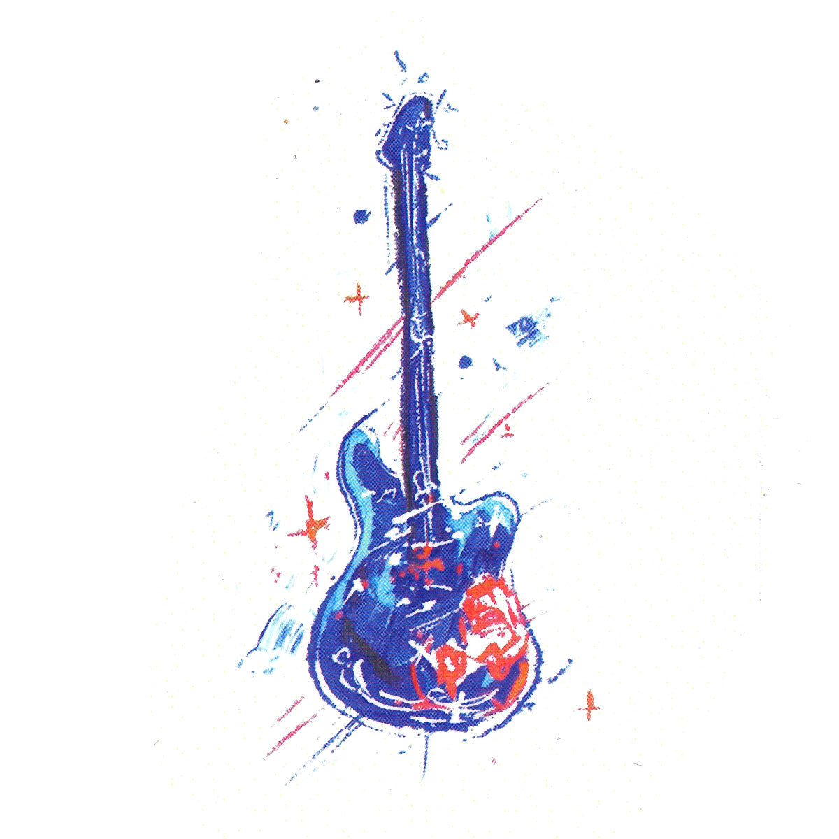 The Electric Beat Tattoo by YINCAI features an abstract watercolor painting of a colorful guitar design in vibrant blue and red hues, with splashes and streaks of color radiating from it. This creates a sense of motion and energy against the white background, accentuating the dynamic and artistic style reminiscent of a lively music festival.