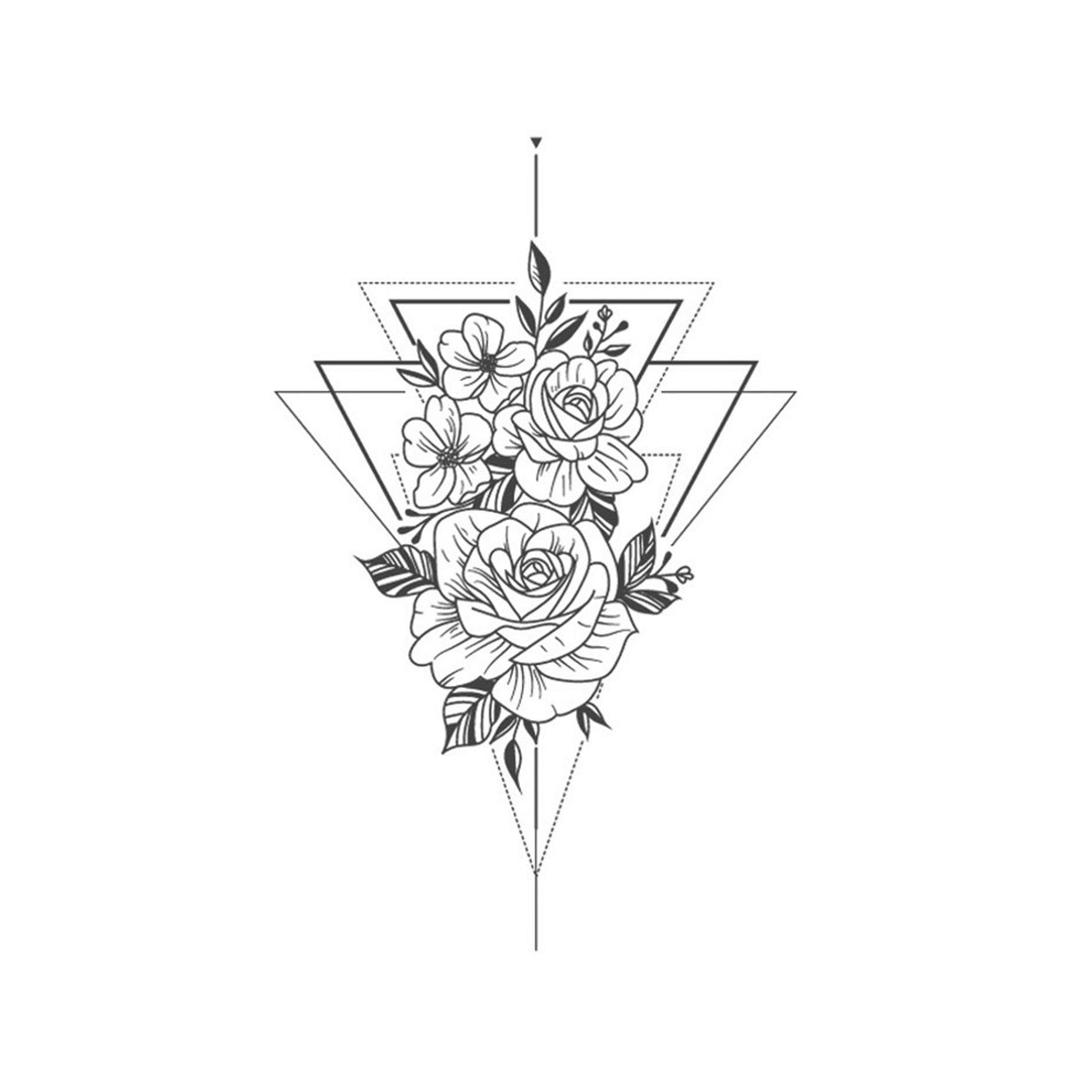 The YINCAI GeoRose Tattoo boasts a stylish black-and-white geometric design with roses and other flowers arranged in the center. This intricate floral pattern is surrounded by overlapping, layered triangles and lines, resulting in a symmetrical and sophisticated look.