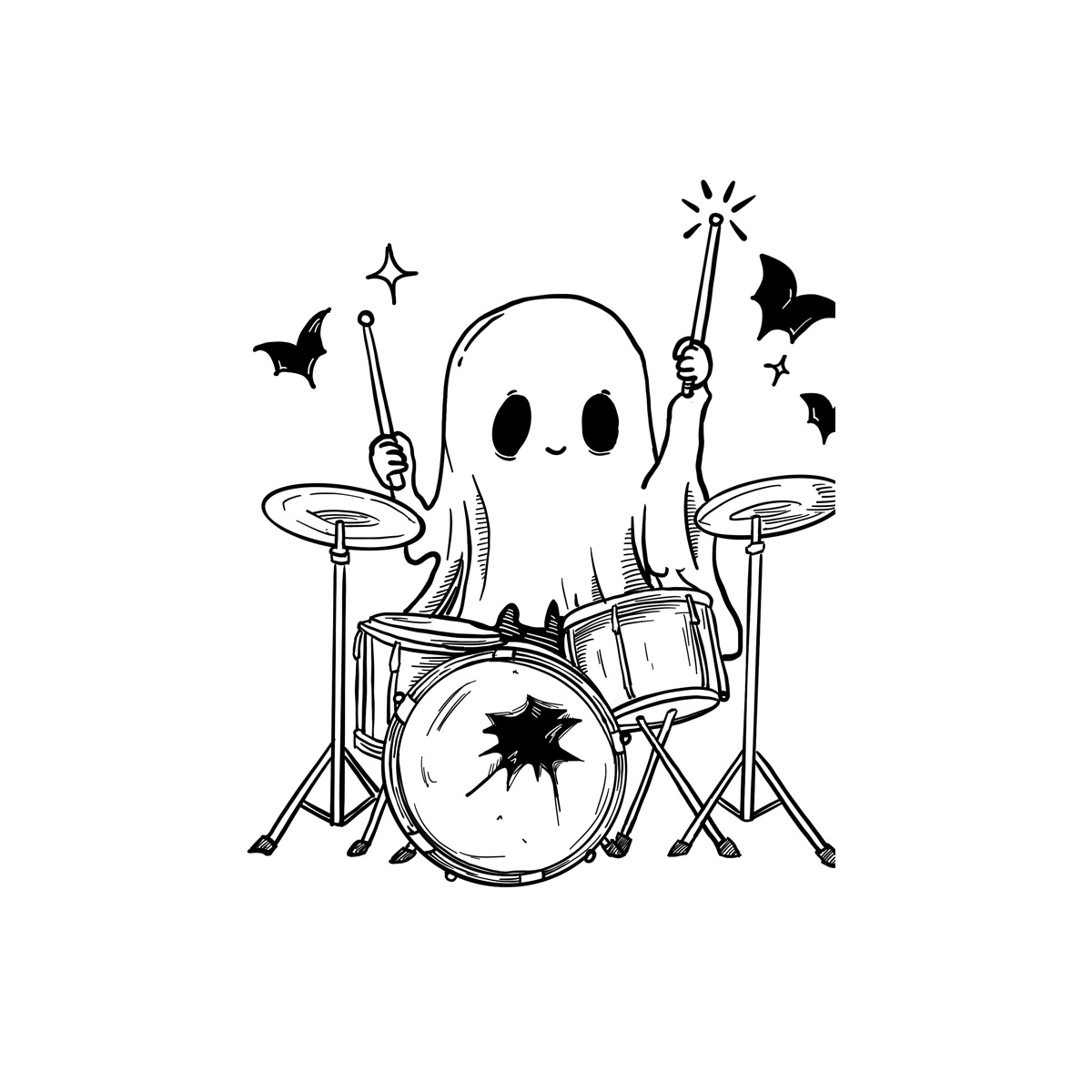 A temporary tattoo depicting a ghost playing drums, with a spooky, ethereal vibe. - Wide Awake NYC