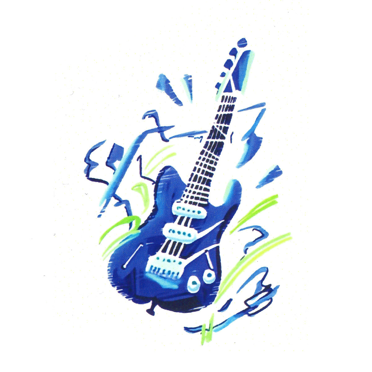 Illustration of YINCAI's Electric Pulse Tattoo, featuring a blue electric guitar with white accents and stylized green and blue lines that evoke movement and energy. This vibrant, music-themed design stands out against a white background.