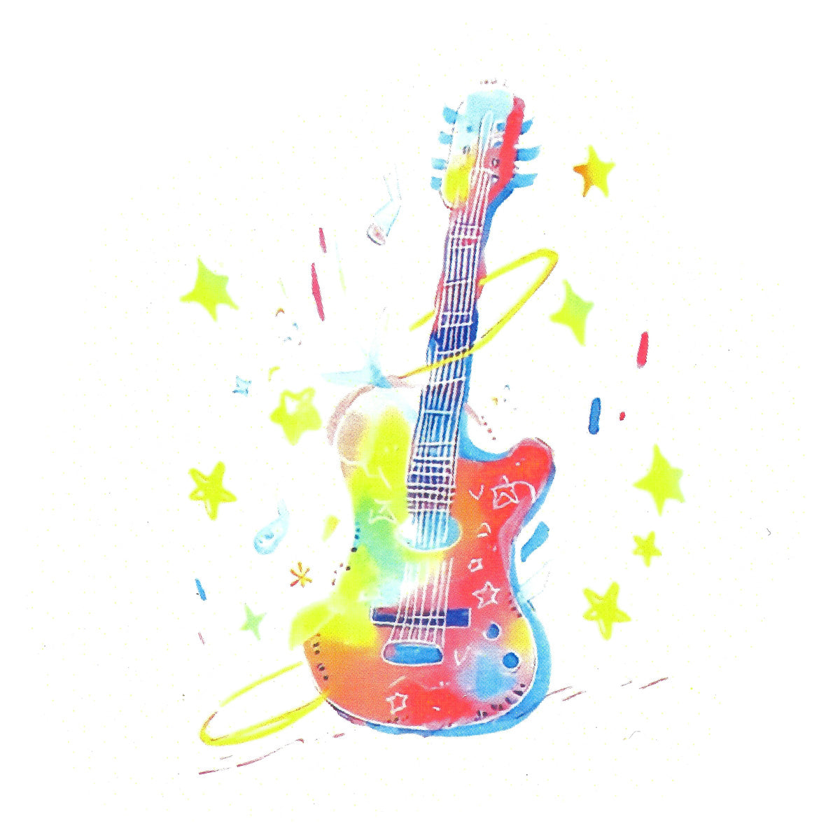 A whimsical illustration of an electric guitar with vibrant neon accents, capturing the signature cosmic vibes of YINCAI's Stellar Sound Tattoo. The guitar design is adorned with star and musical note decorations, surrounded by floating yellow stars and music notes that evoke a lively, musical atmosphere.