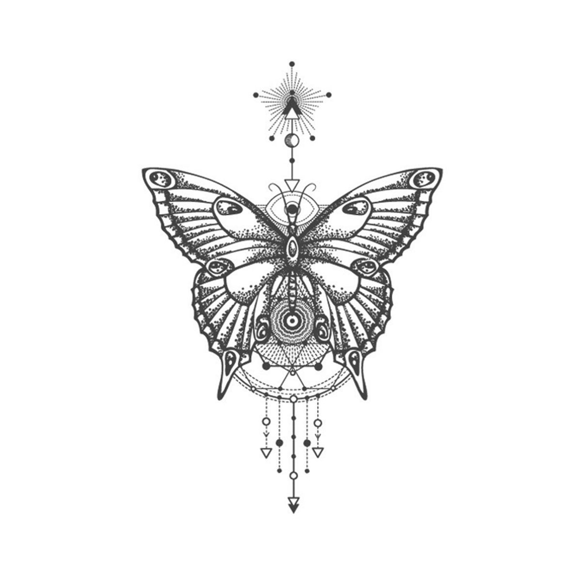 The GeoRose Tattoo (Copy) by YINCAI is a black and white geometric illustration of a butterfly with intricate patterns, reminiscent of a stylish tattoo. The butterfly is adorned with ornamental elements and shaped lines, featuring a symmetrical arrangement of arrows and circles, topped with a star-like design above it.