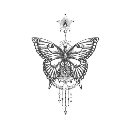 The GeoRose Tattoo (Copy) by YINCAI is a black and white geometric illustration of a butterfly with intricate patterns, reminiscent of a stylish tattoo. The butterfly is adorned with ornamental elements and shaped lines, featuring a symmetrical arrangement of arrows and circles, topped with a star-like design above it.