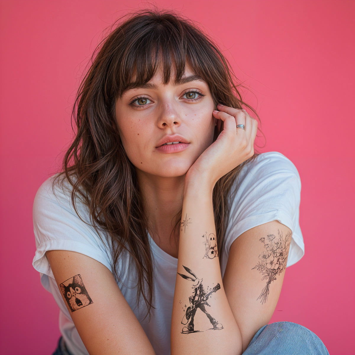A long curl hair girl sitting with hand on her cheek wearing a white t-shirt with cat, rabbit, star, flower, rabbit tattoos on her arms, on a pink background- Wide Awake NYC