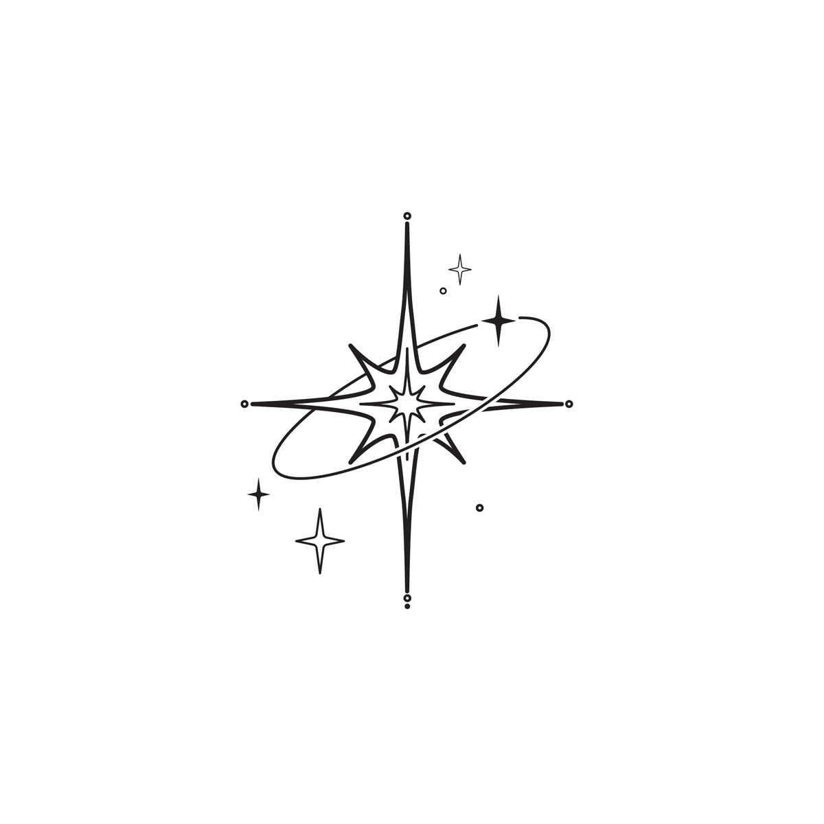 Minimalist black and white abstract starburst with small stars and circular shapes, ideal for a starlight-inspired tattoo - Wide Awake NYC