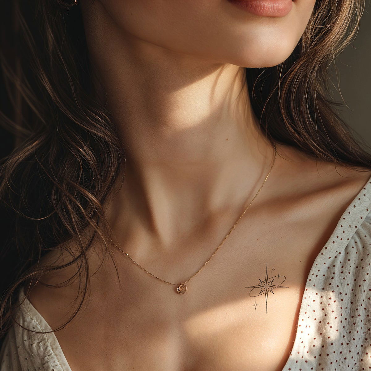 A close-up of a woman's neck wearing a necklace and a star tattoo on her collarbone. - Wide Awake NYC