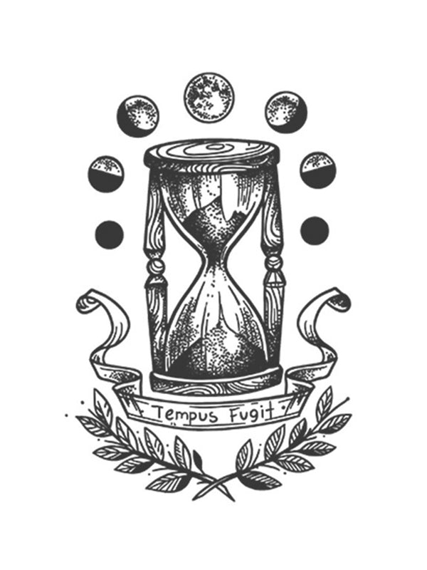 A black and white tattoo featuring an hourglass at the center with flowing sand, surrounded by celestial bodies. A ribbon beneath the hourglass displays the Latin phrase "Tempus Fugit," and laurel branches frame the design at the bottom—a perfect motif for a Tempus Fugit temporary tattoo. -Wide Awake NYC