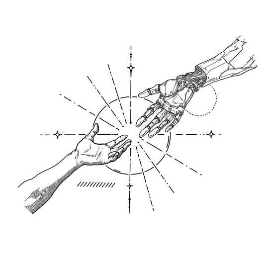 The Creation of Human tattoo shows a human hand reach to a robot hand with some star around them - Wide Awake NYC 