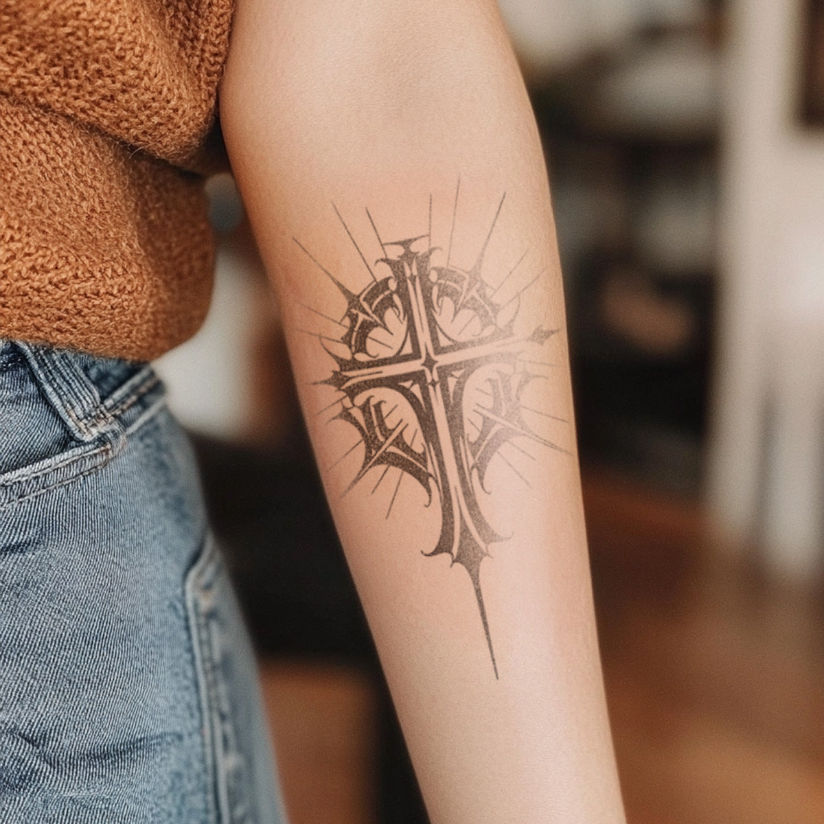 “Person with a gothic cross temporary tattoo on their forearm, featuring sharp, intricate design elements and radiant lines, displayed in a cozy indoor setting.